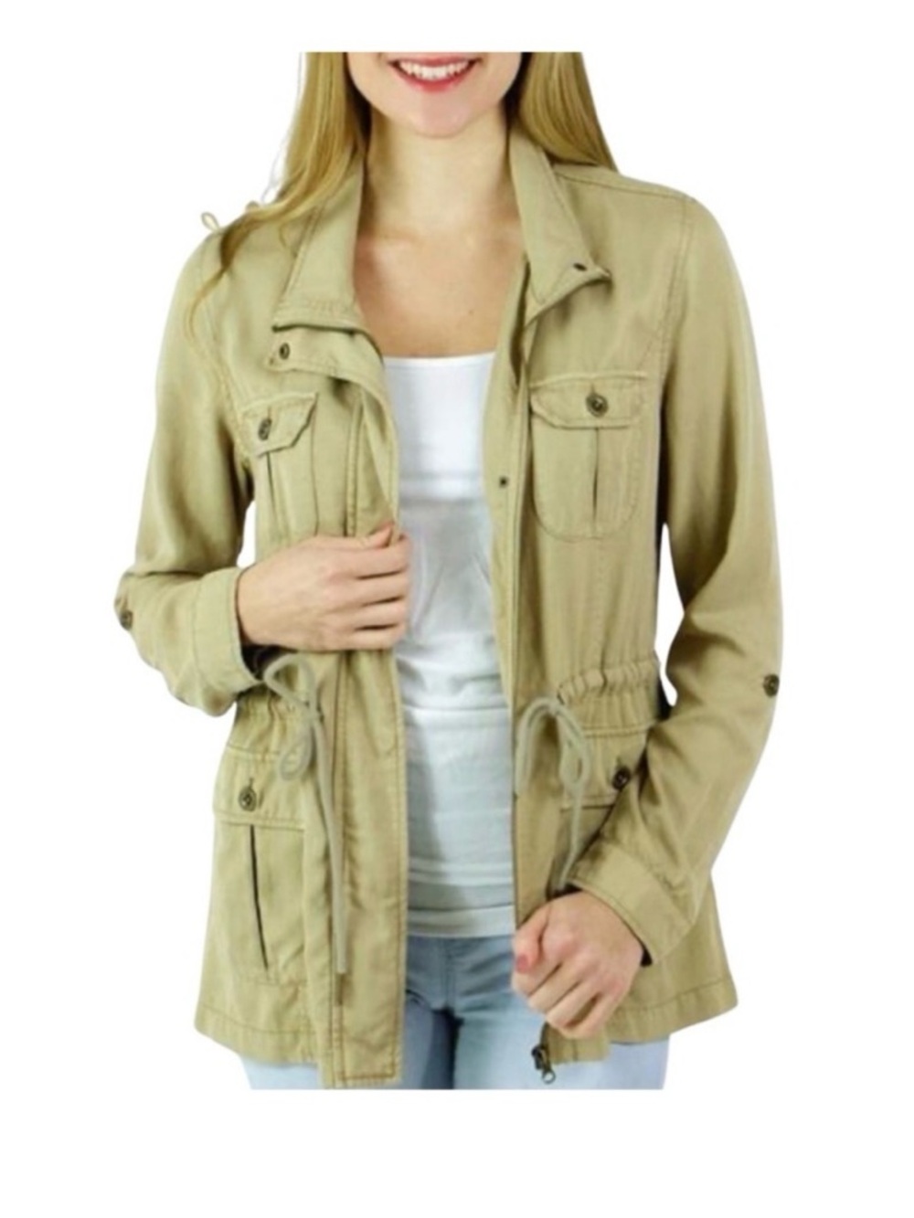 GRACE AND LACE Light Green/ Tan Drawstring Utility Jacket - Women